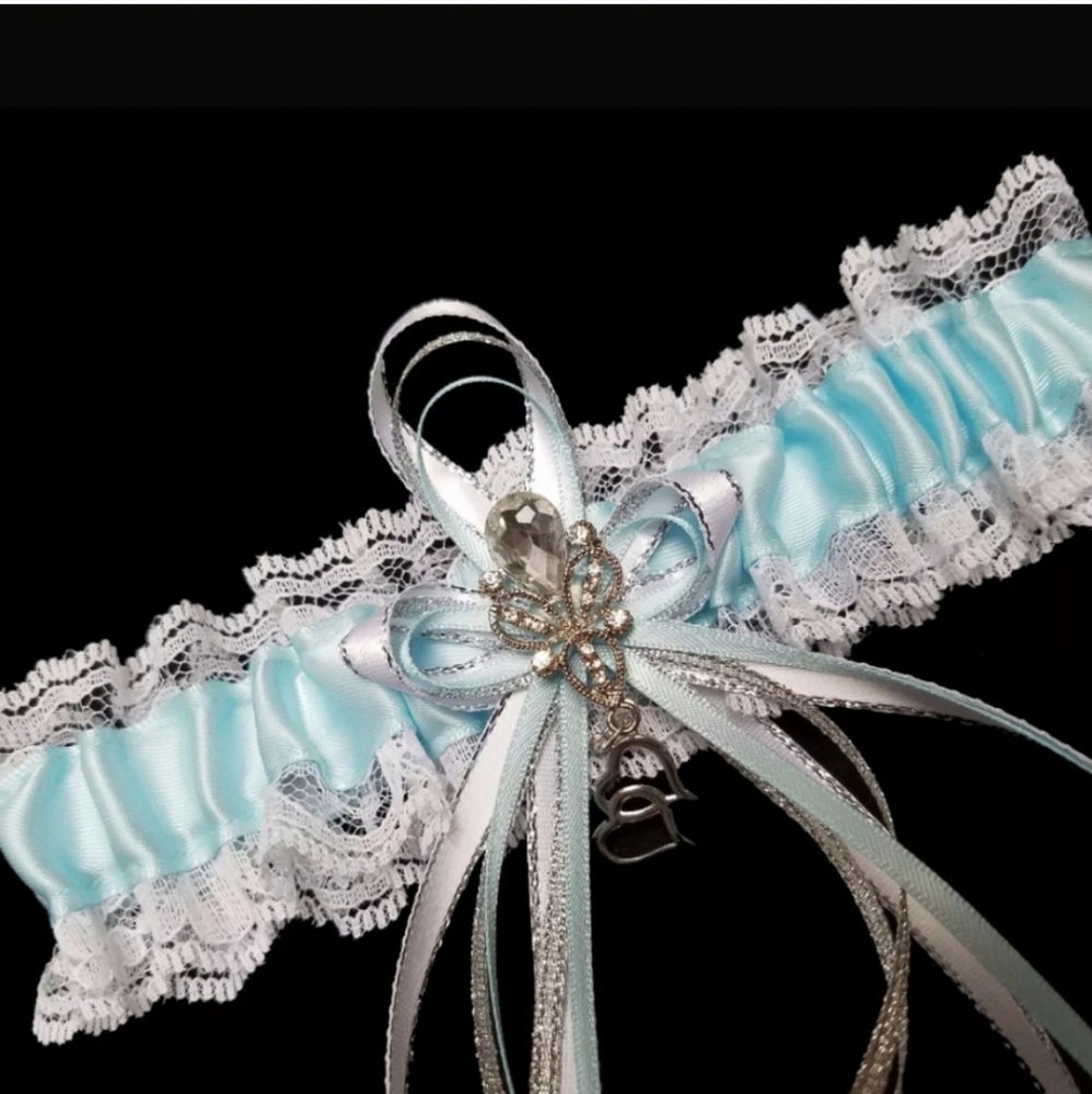 Garter Belt Light Blue Satin White Lace Wedding Prom Bridal